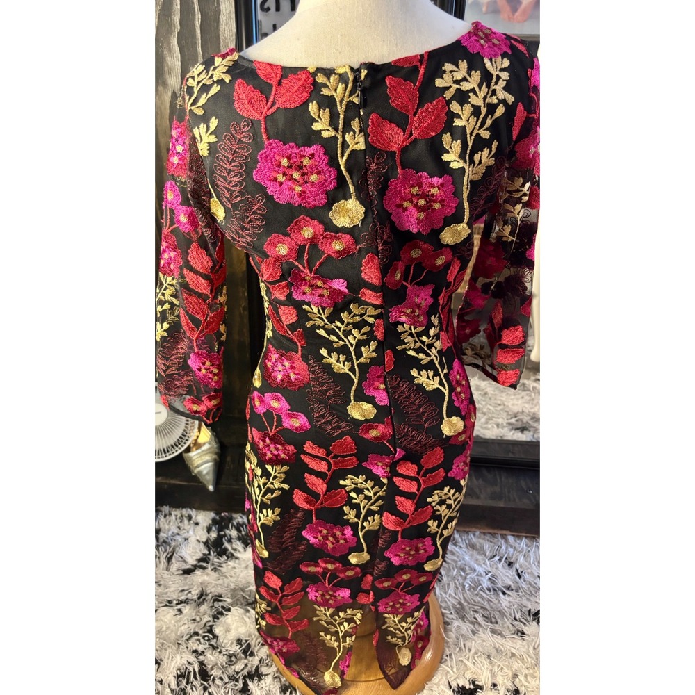Floral Embroidered Mesh Sheath Dress Black Pink Gold 3/4 Sleeve Cocktail Midi